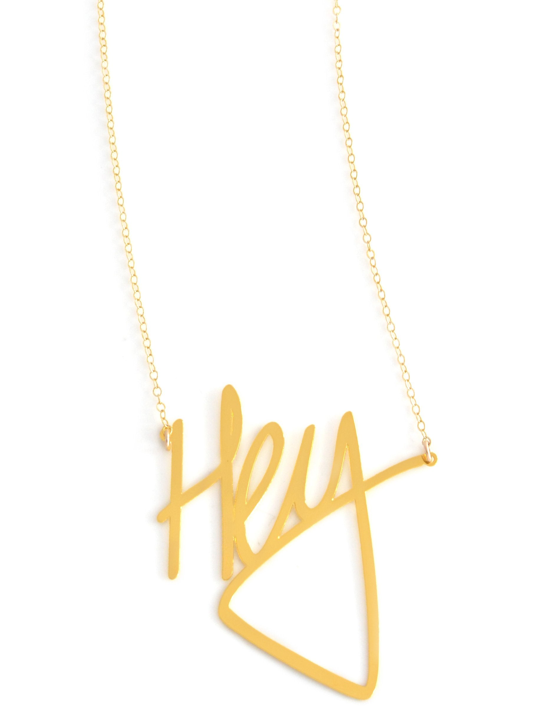 Hey Necklace - High Quality, Affordable, Hand Written, Self Love, Mantra Word Necklace - Available in Gold and Silver - Small and Large Sizes - Made in USA - Brevity Jewelry