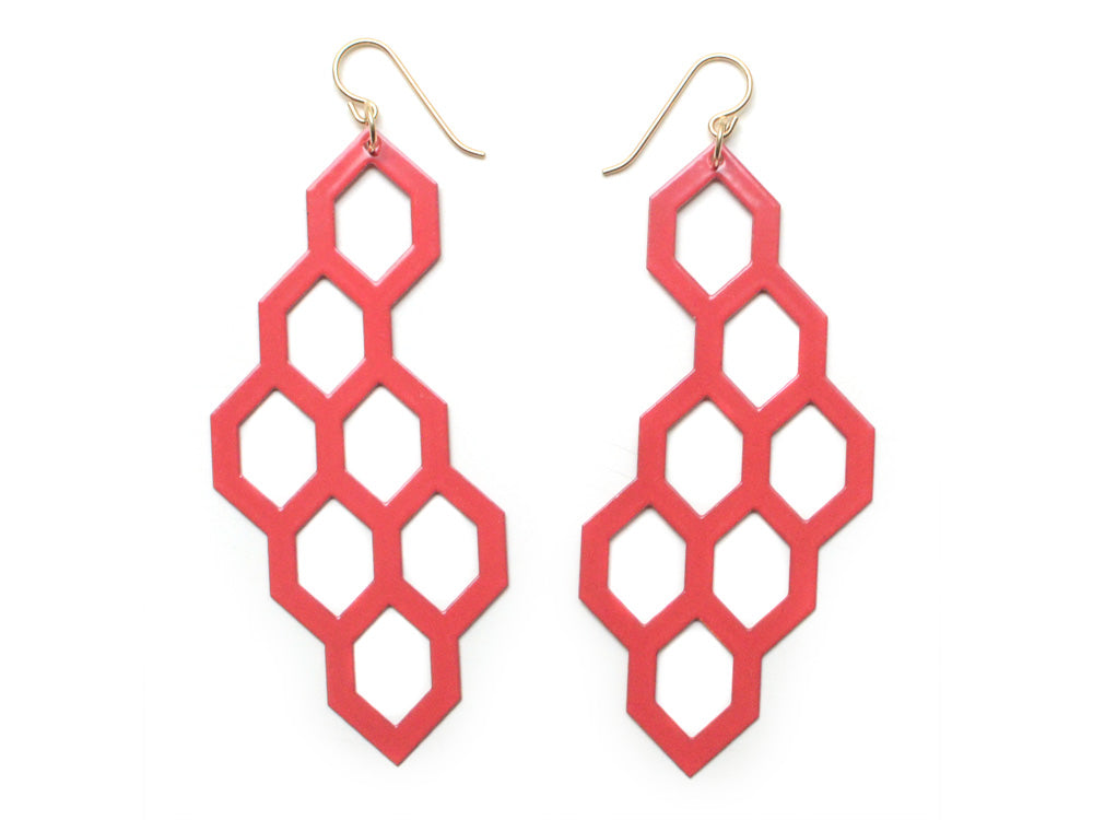 Honeycomb Earrings - High Quality, Affordable, Geometric Earrings - Available in Black and White Acrylic, Gold, Silver, and Limited Edition Coral Powdercoat Finish - Made in USA - Brevity Jewelry