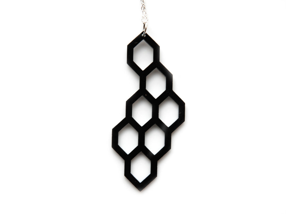 Honeycomb Necklace - High Quality, Affordable, Geometric Necklace - Available in Black and White Acrylic, Gold, Silver, and Limited Edition Coral Powdercoat Finish - Made in USA - Brevity Jewelry