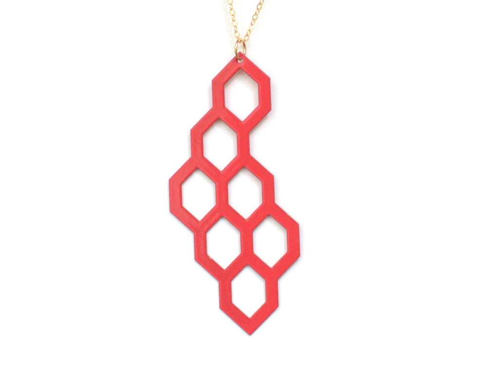 Honeycomb Necklace - High Quality, Affordable, Geometric Necklace - Available in Black and White Acrylic, Gold, Silver, and Limited Edition Coral Powdercoat Finish - Made in USA - Brevity Jewelry