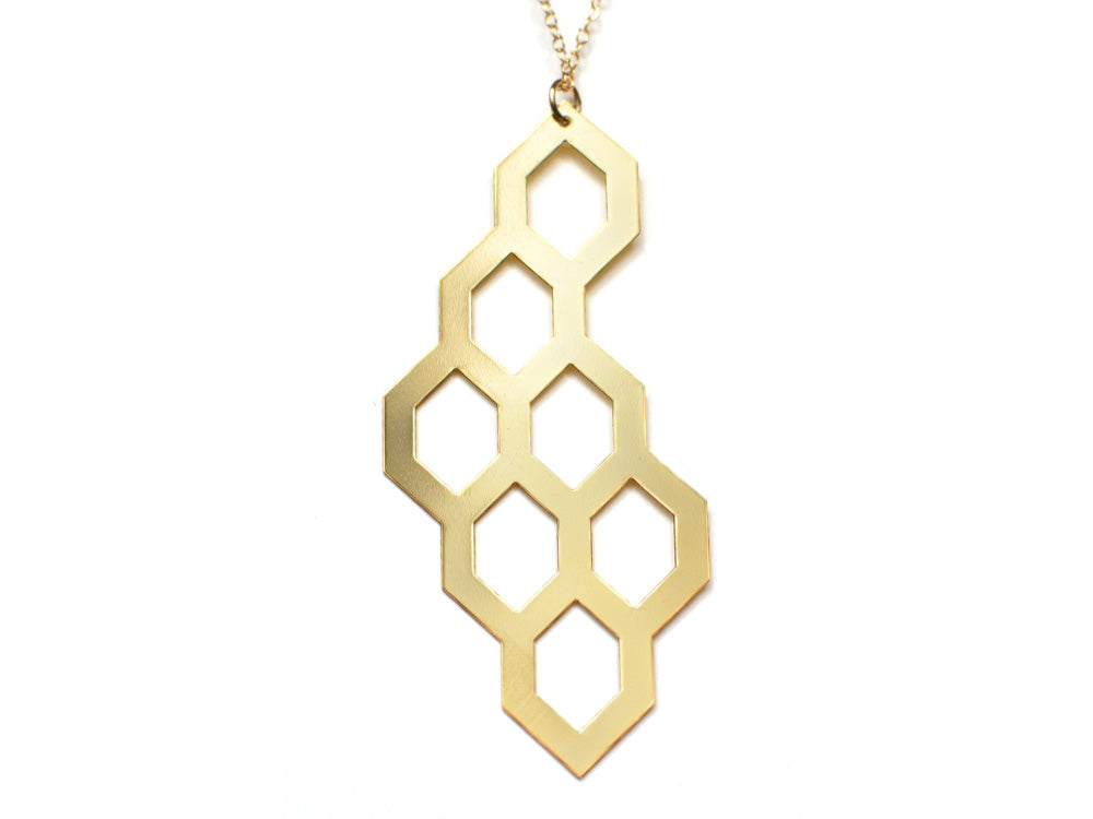 Honeycomb Necklace - High Quality, Affordable, Geometric Necklace - Available in Black and White Acrylic, Gold, Silver, and Limited Edition Coral Powdercoat Finish - Made in USA - Brevity Jewelry