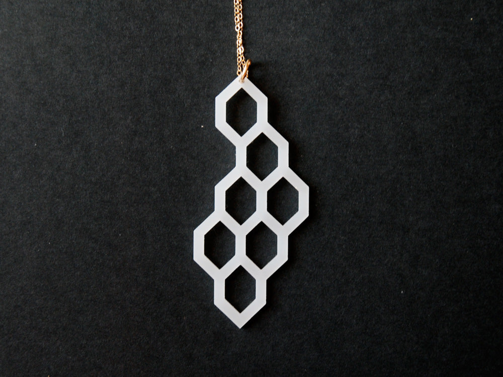 Honeycomb Necklace - High Quality, Affordable, Geometric Necklace - Available in Black and White Acrylic, Gold, Silver, and Limited Edition Coral Powdercoat Finish - Made in USA - Brevity Jewelry