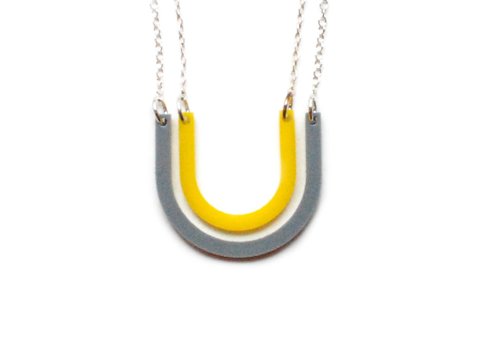 Horseshoes Necklace - Affordable Acrylic Necklace - Yellow, Blue or Gray - Silver Chain - Made in USA - Brevity Jewelry