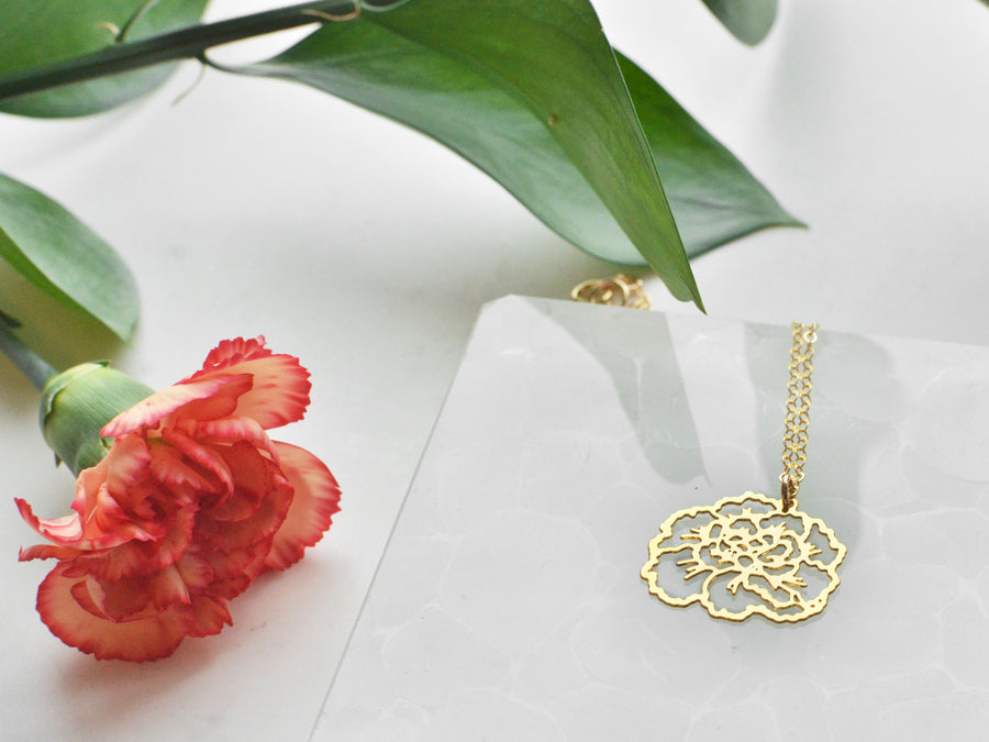 Carnation Necklace - High Quality, Affordable, Whimsical, Hand Drawn Necklace - January Birthday Gift - Available in Gold and Silver - Made in USA - Brevity Jewelry