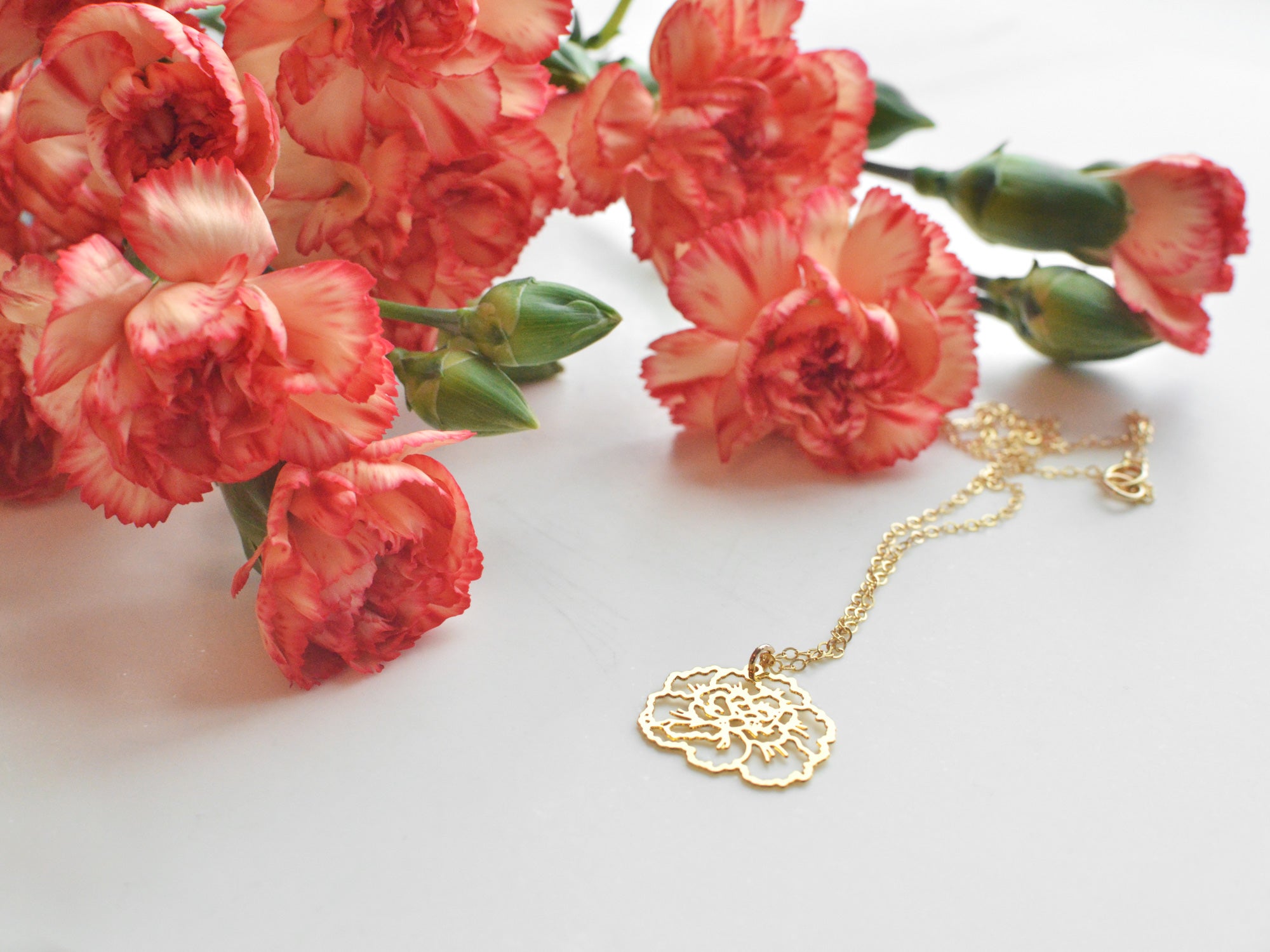 Carnation Necklace - High Quality, Affordable, Whimsical, Hand Drawn Necklace - January Birthday Gift - Available in Gold and Silver - Made in USA - Brevity Jewelry