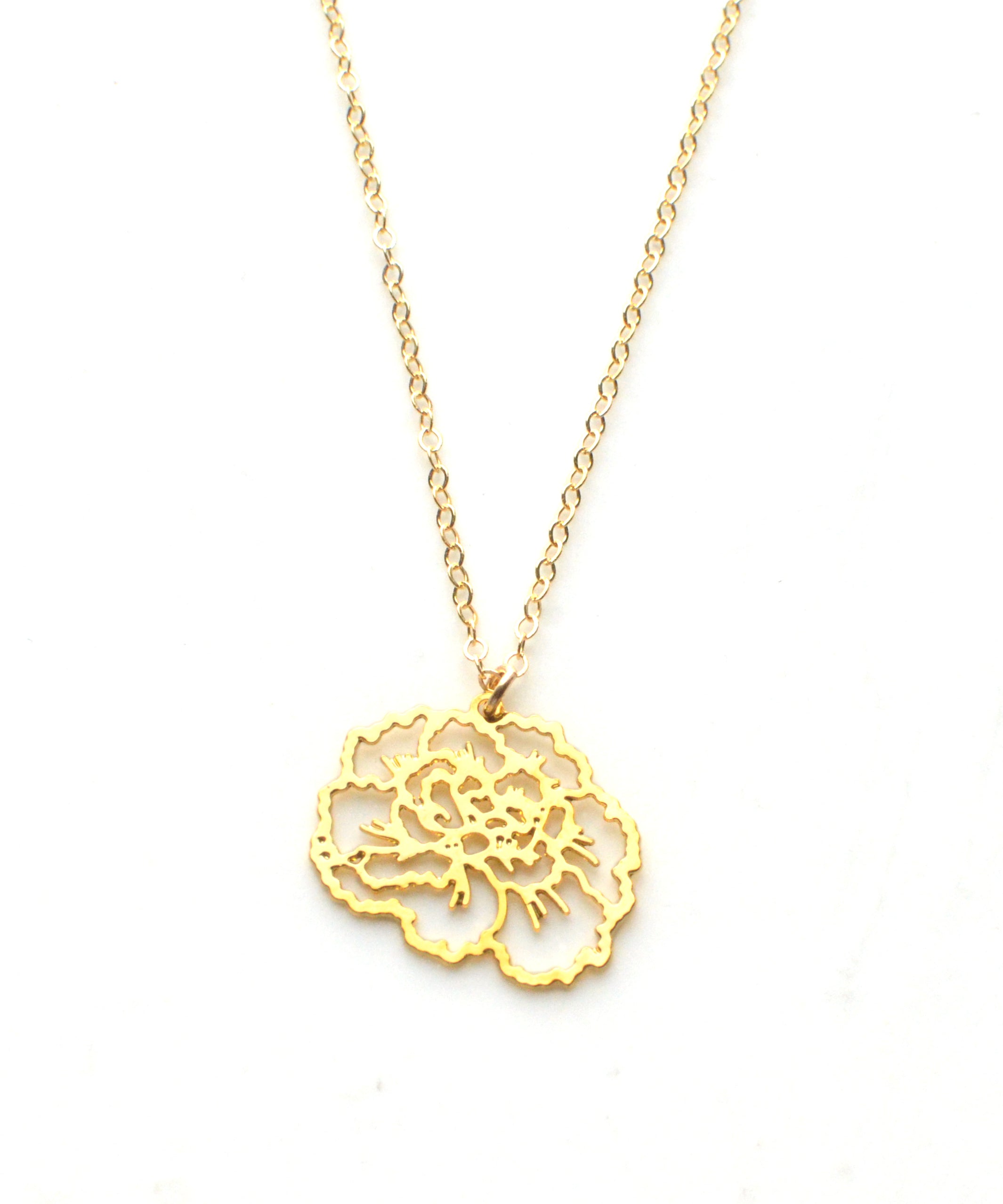 Carnation Necklace - High Quality, Affordable, Whimsical, Hand Drawn Necklace - January Birthday Gift - Available in Gold and Silver - Made in USA - Brevity Jewelry