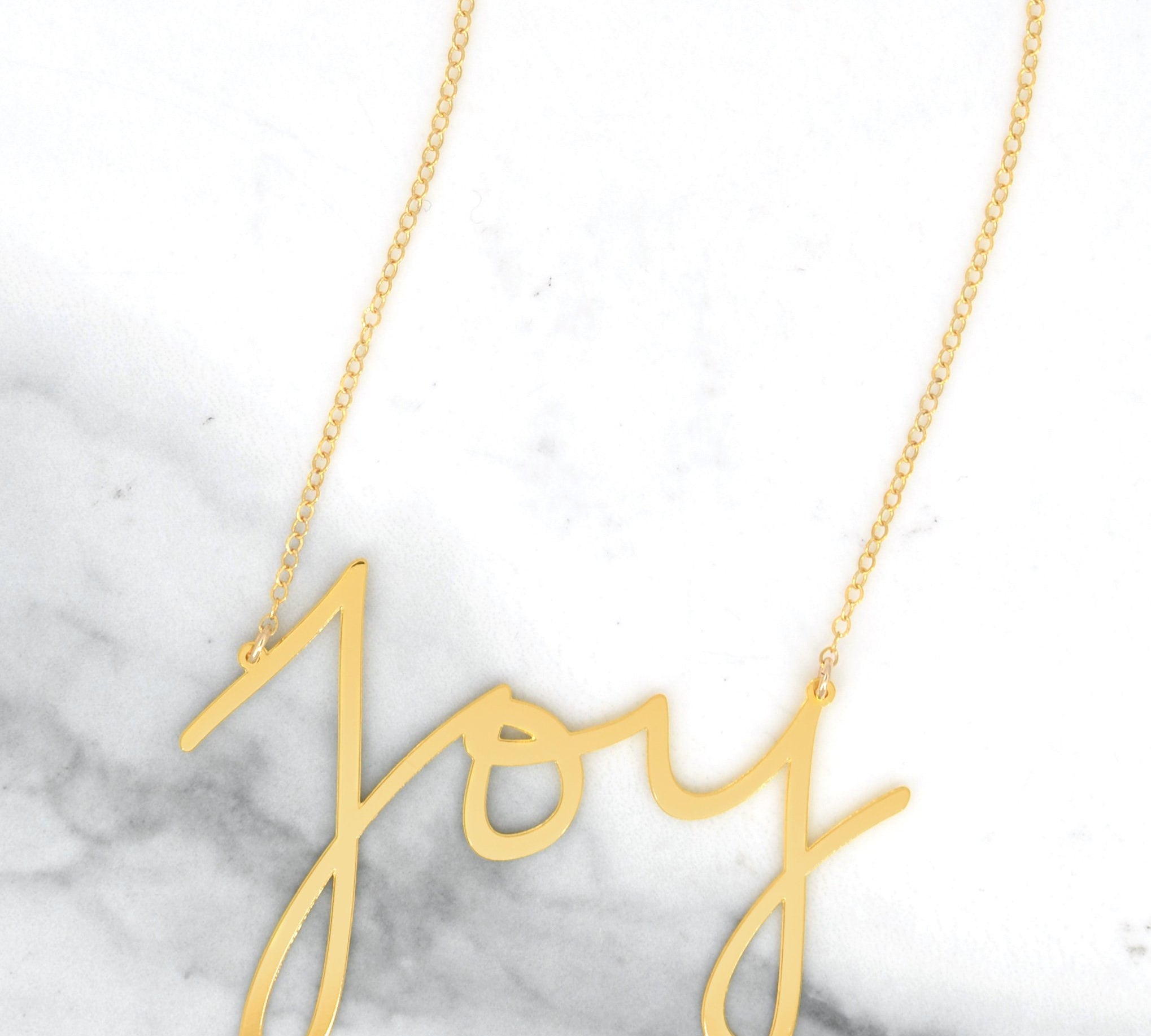 Joy Necklace - High Quality, Affordable, Hand Written, Self Love, Mantra Word Necklace - Available in Gold and Silver - Small and Large Sizes - Made in USA - Brevity Jewelry