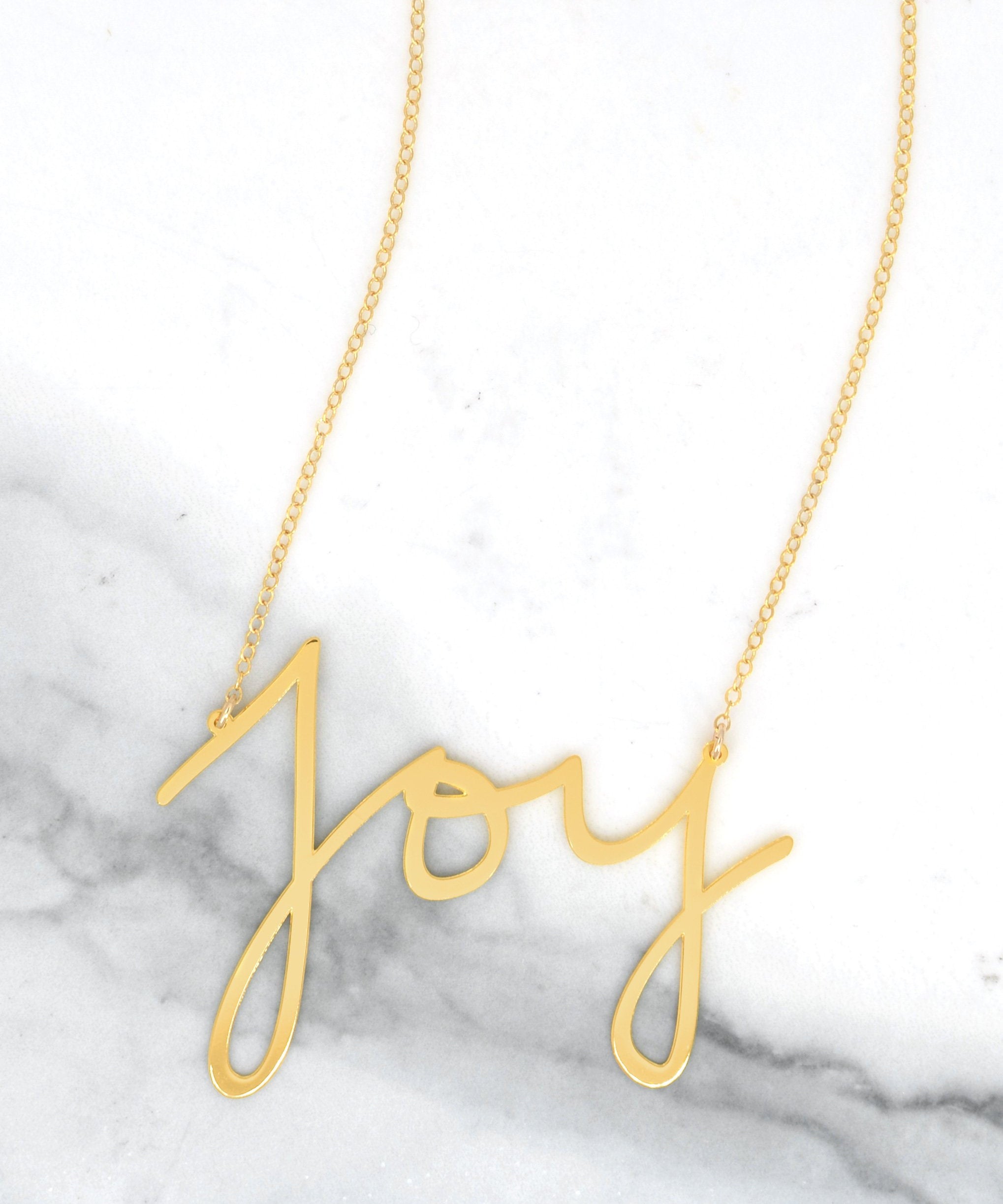Joy Necklace - High Quality, Affordable, Hand Written, Self Love, Mantra Word Necklace - Available in Gold and Silver - Small and Large Sizes - Made in USA - Brevity Jewelry