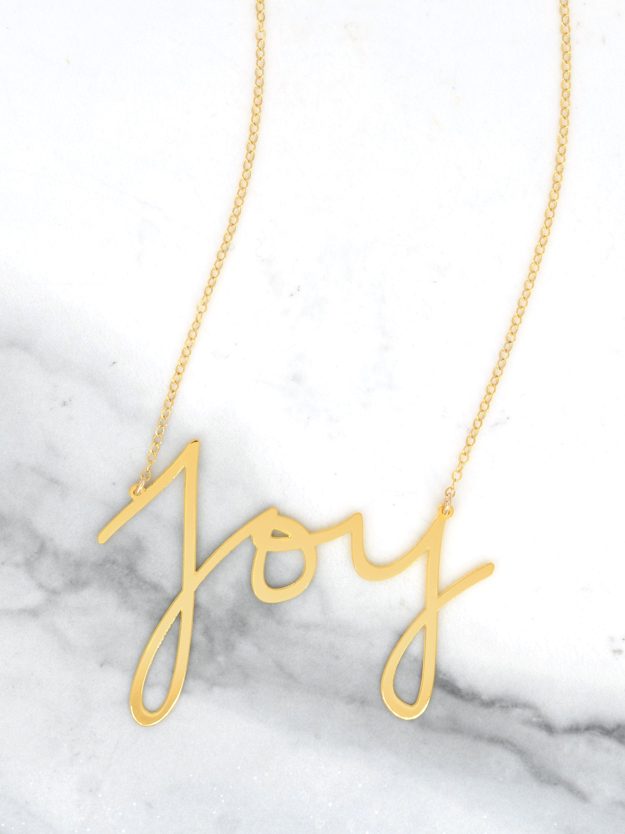 Joy Necklace - High Quality, Affordable, Hand Written, Self Love, Mantra Word Necklace - Available in Gold and Silver - Small and Large Sizes - Made in USA - Brevity Jewelry