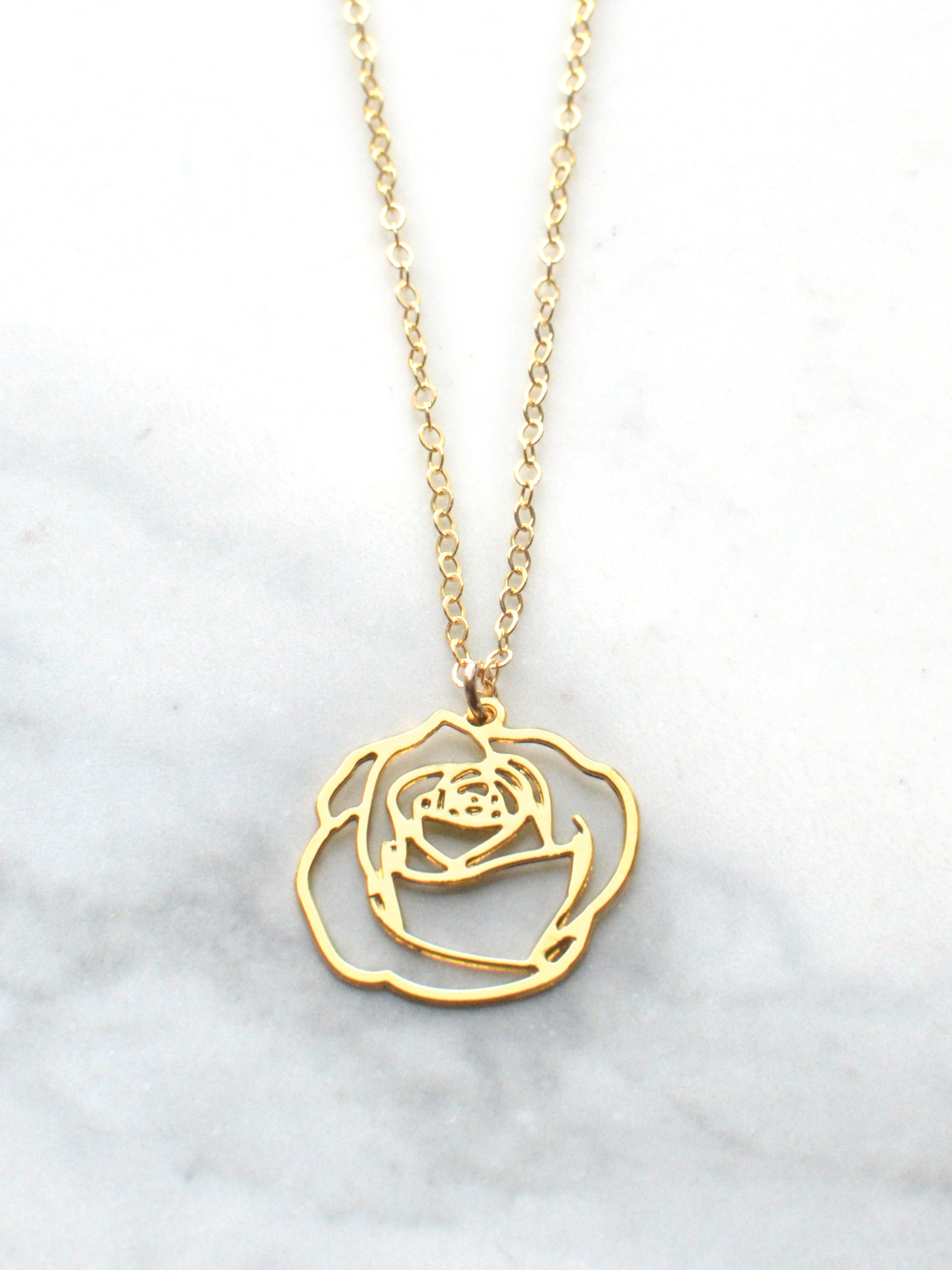 Rose Necklace - High Quality, Affordable, Whimsical, Hand Drawn Necklace - June Birthday Gift - Available in Gold and Silver - Made in USA - Brevity Jewelry