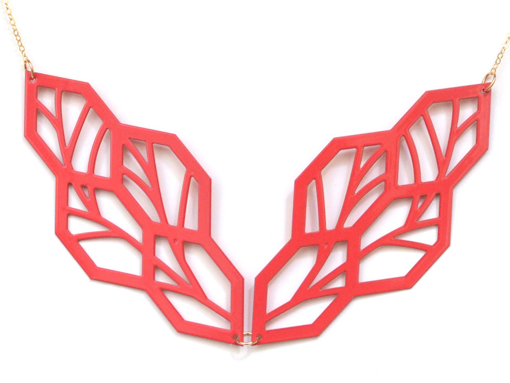 Leaf Necklace - High Quality, Affordable, Geometric Necklace - Available in Black and White Acrylic, Gold, Silver, and Limited Edition Coral Powdercoat Finish - Made in USA - Brevity Jewelry