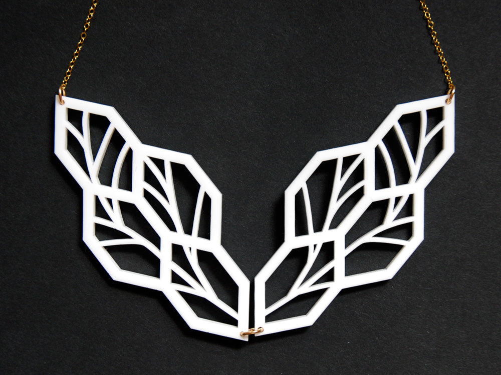 Leaf Necklace - High Quality, Affordable, Geometric Necklace - Available in Black and White Acrylic, Gold, Silver, and Limited Edition Coral Powdercoat Finish - Made in USA - Brevity Jewelry