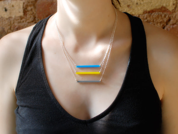 Lines Necklace - Affordable Acrylic Necklace - Yellow, Blue or Gray - Silver Chain - Made in USA - Brevity Jewelry