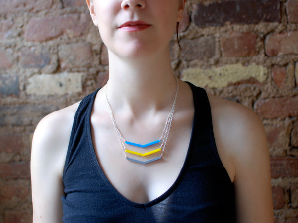 Feathers Necklace - Affordable Acrylic Necklace - Yellow, Blue or Gray - Silver Chain - Made in USA - Brevity Jewelry