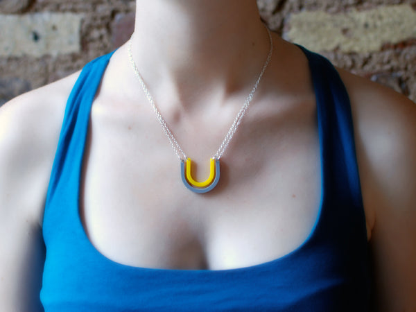 Horseshoes Necklace - Affordable Acrylic Necklace - Yellow, Blue or Gray - Silver Chain - Made in USA - Brevity Jewelry