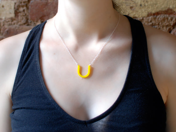 Medium Horseshoe Necklace - Affordable Acrylic Necklace - Yellow, Blue or Gray - Silver Chain - Made in USA - Brevity Jewelry