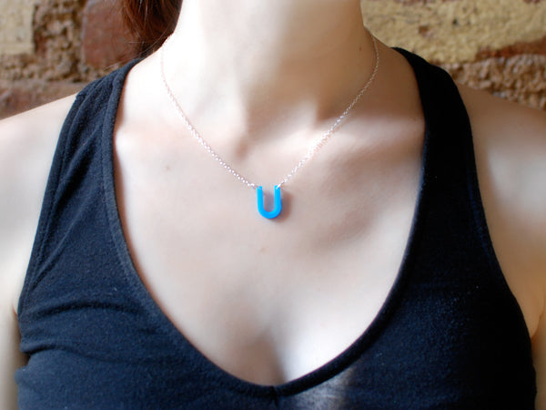 Small Horseshoe Necklace - Affordable Acrylic Necklace - Yellow, Blue or Gray - Silver Chain - Made in USA - Brevity Jewelry