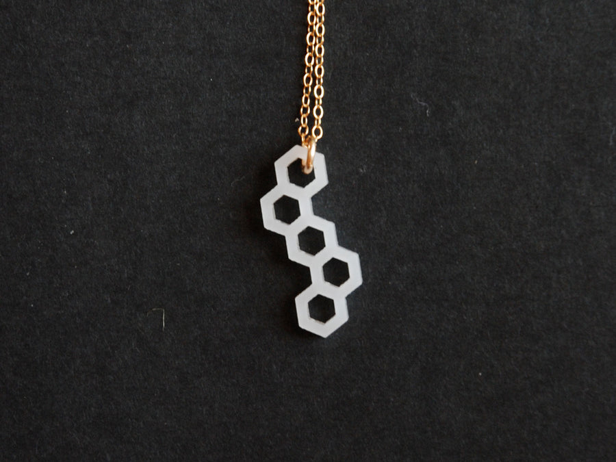 Little Hex Necklace - High Quality, Affordable, Geometric Necklace - Available in Black and White Acrylic, Gold, Silver, and Limited Edition Coral Powdercoat Finish - Made in USA - Brevity Jewelry
