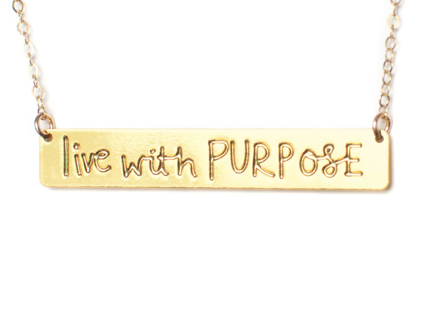 Live With Purpose Bar Necklace - High Quality, Affordable, Hand Written, Empowering, Self Love, Mantra Word Necklace - Available in Gold and Silver - Made in USA - Brevity Jewelry