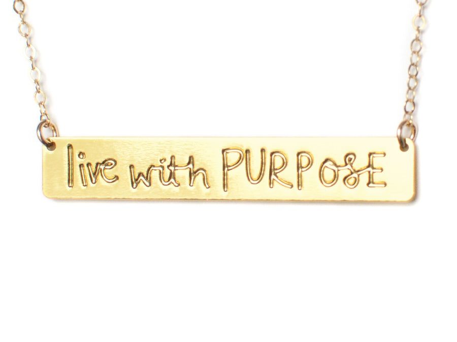 Live With Purpose Bar Necklace - High Quality, Affordable, Hand Written, Empowering, Self Love, Mantra Word Necklace - Available in Gold and Silver - Made in USA - Brevity Jewelry