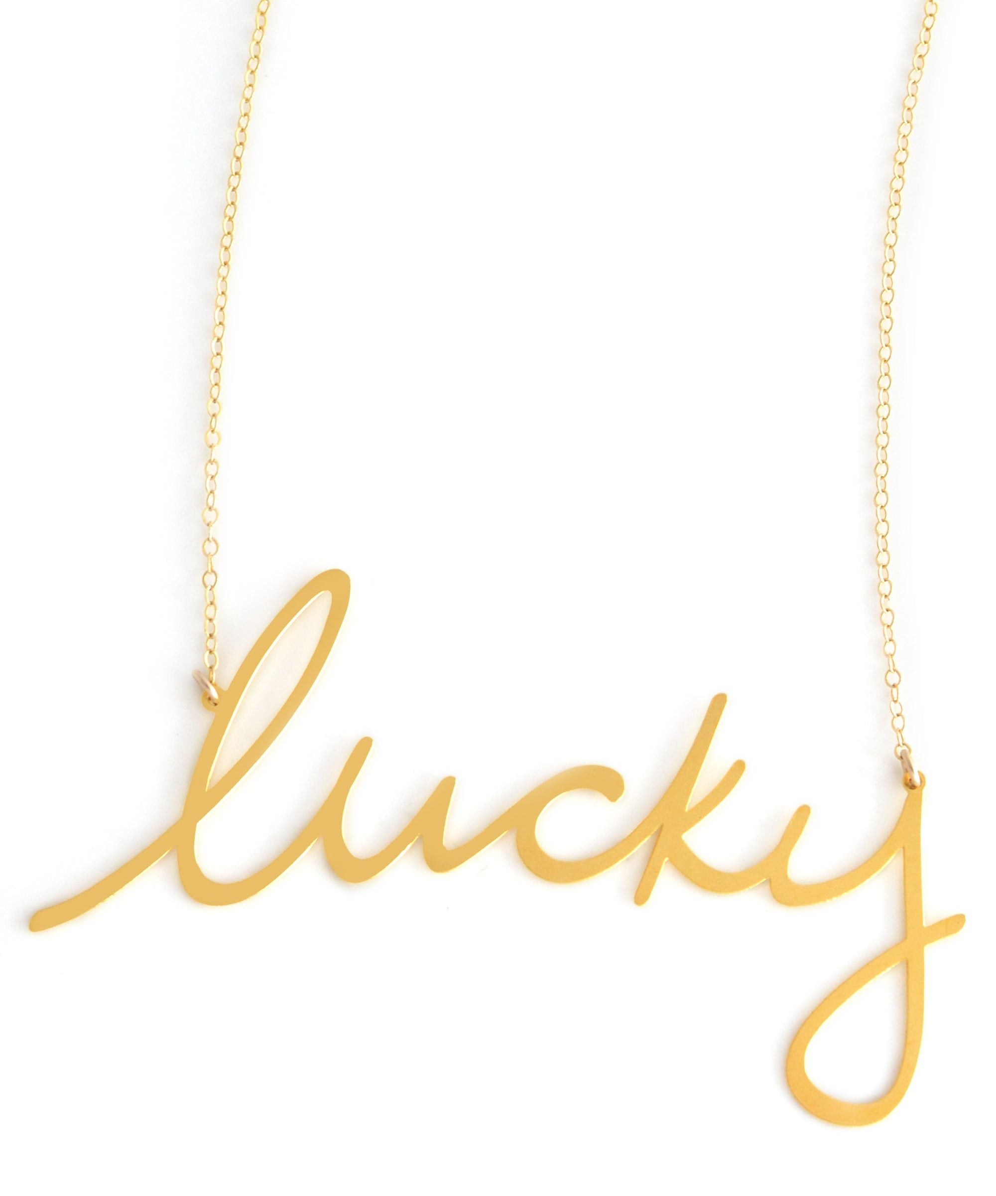 Lucky Necklace - High Quality, Affordable, Hand Written, Self Love, Mantra Word Necklace - Available in Gold and Silver - Small and Large Sizes - Made in USA - Brevity Jewelry