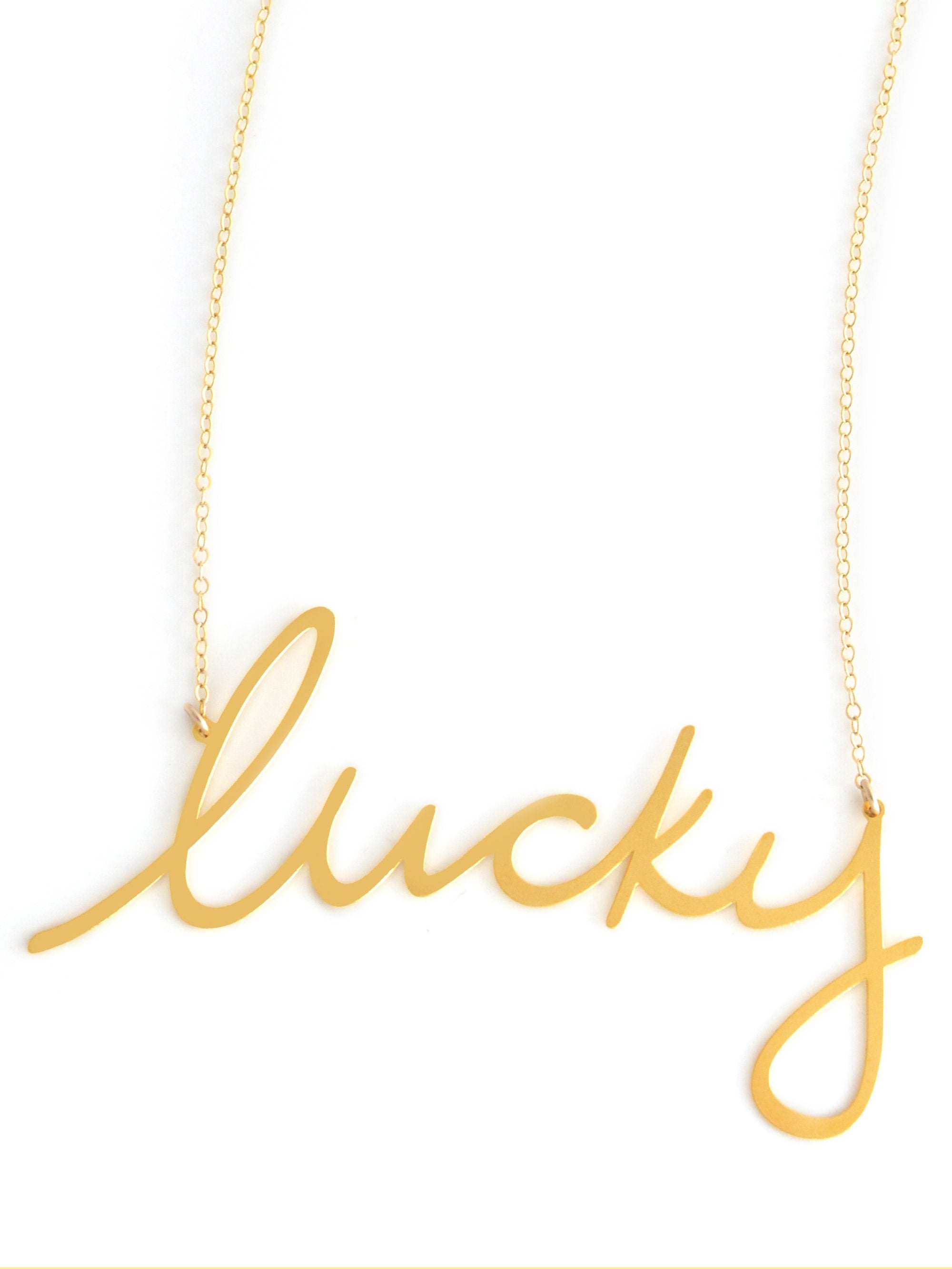 Lucky Necklace - High Quality, Affordable, Hand Written, Self Love, Mantra Word Necklace - Available in Gold and Silver - Small and Large Sizes - Made in USA - Brevity Jewelry