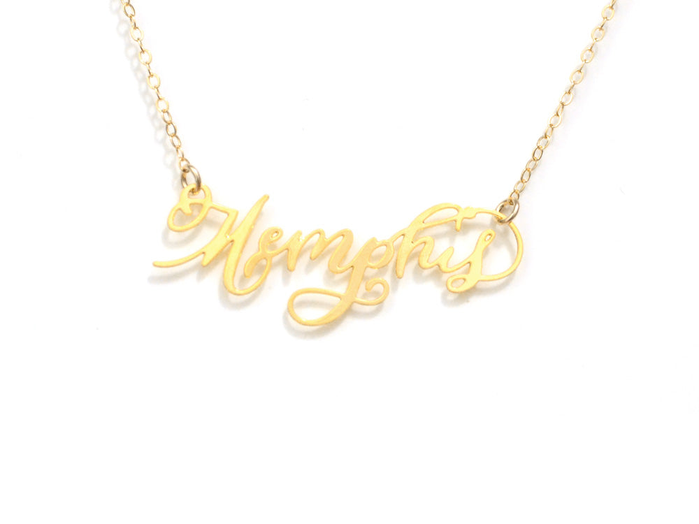 Memphis City Love Necklace - High Quality, Hand Lettered, Calligraphy City Necklace - Your Favorite City - Available in Gold and Silver - Made in USA - Brevity Jewelry