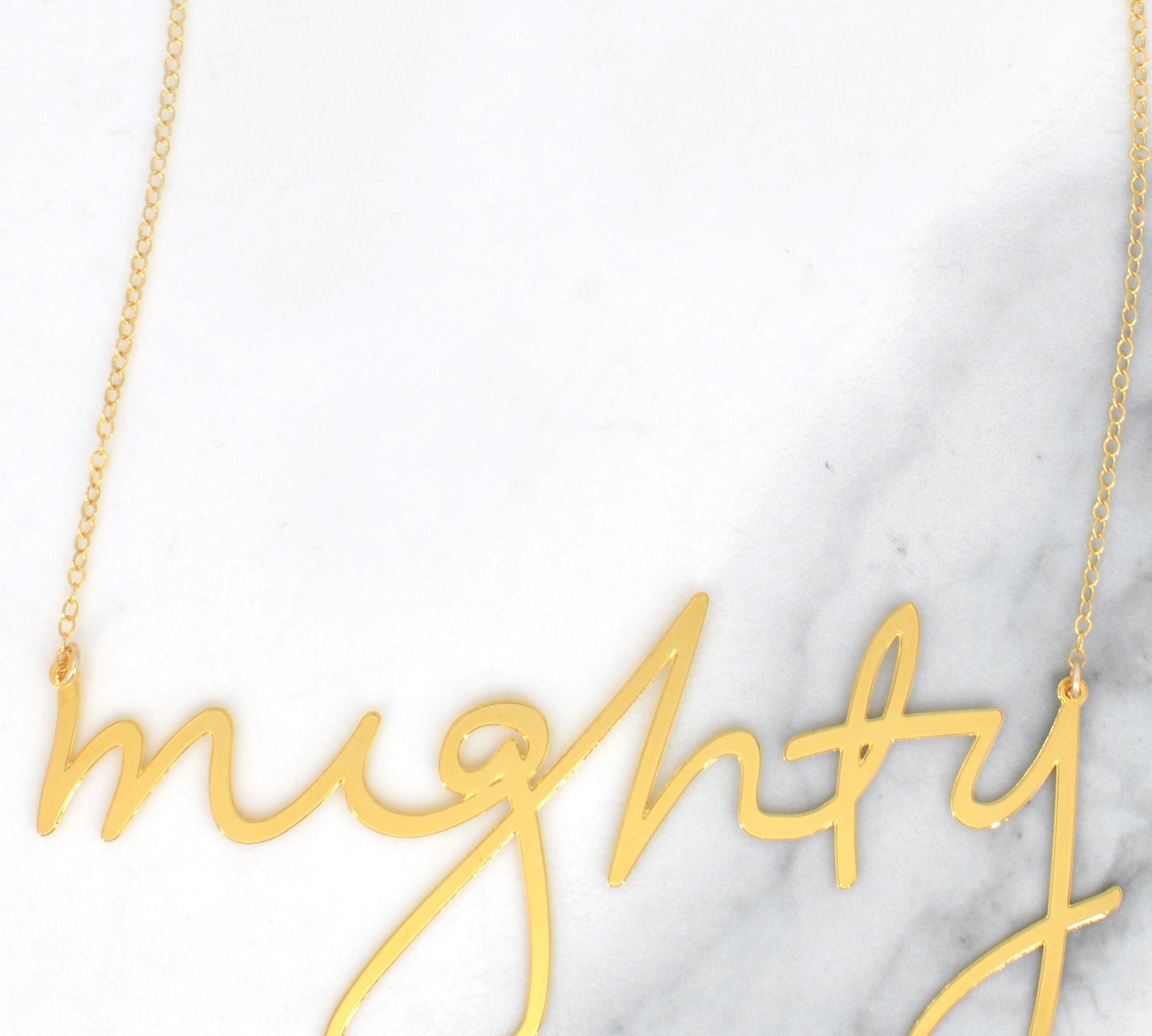 Mighty Necklace - High Quality, Affordable, Hand Written, Empowering, Self Love, Mantra Word Necklace - Available in Gold and Silver - Small and Large Sizes - Made in USA - Brevity Jewelry