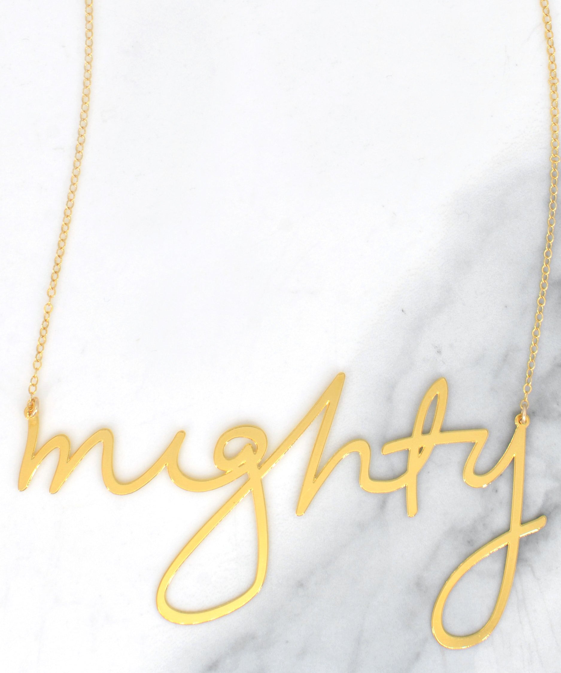 Mighty Necklace - High Quality, Affordable, Hand Written, Empowering, Self Love, Mantra Word Necklace - Available in Gold and Silver - Small and Large Sizes - Made in USA - Brevity Jewelry