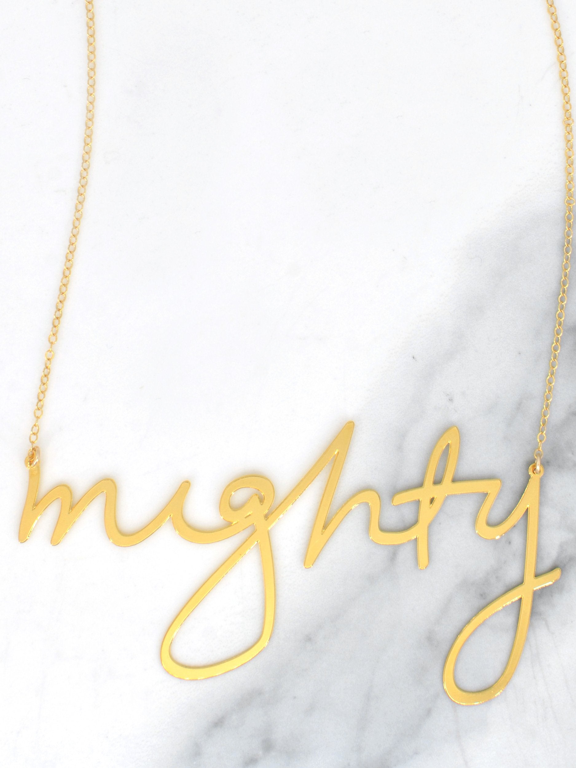 Mighty Necklace - High Quality, Affordable, Hand Written, Empowering, Self Love, Mantra Word Necklace - Available in Gold and Silver - Small and Large Sizes - Made in USA - Brevity Jewelry