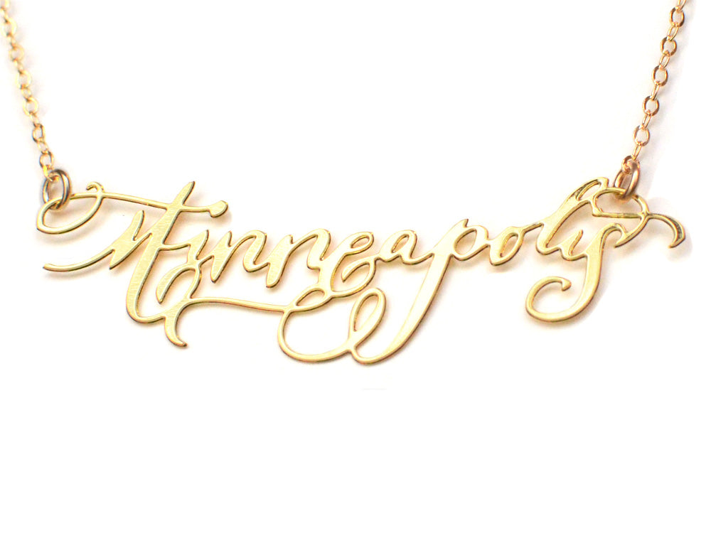 Minneapolis City Love Necklace - High Quality, Hand Lettered, Calligraphy City Necklace - Your Favorite City - Available in Gold and Silver - Made in USA - Brevity Jewelry