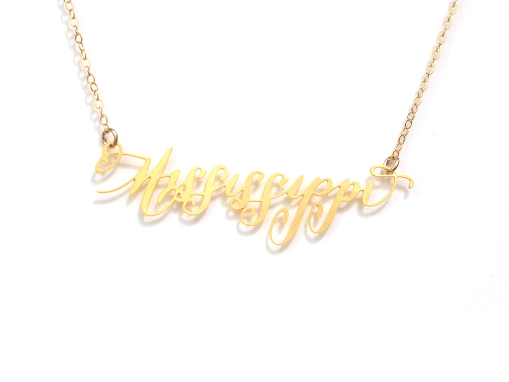 Mississippi State Love Necklace - High Quality, Hand Lettered, Calligraphy State Necklace - Your Favorite State - Available in Gold and Silver - Made in USA - Brevity Jewelry
