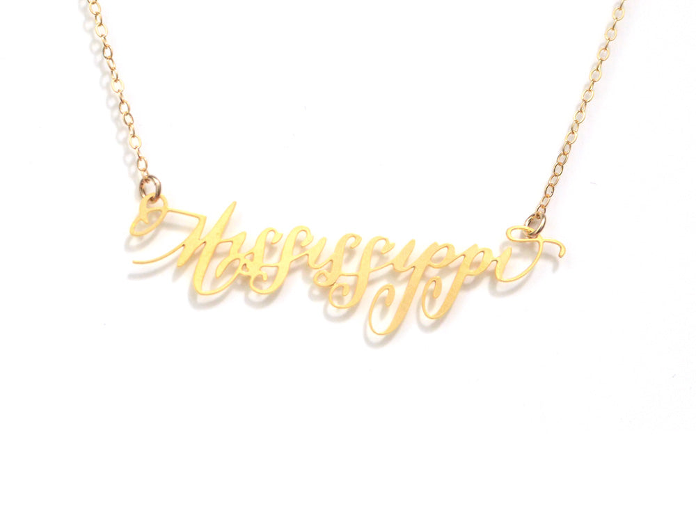 Mississippi State Love Necklace - High Quality, Hand Lettered, Calligraphy State Necklace - Your Favorite State - Available in Gold and Silver - Made in USA - Brevity Jewelry