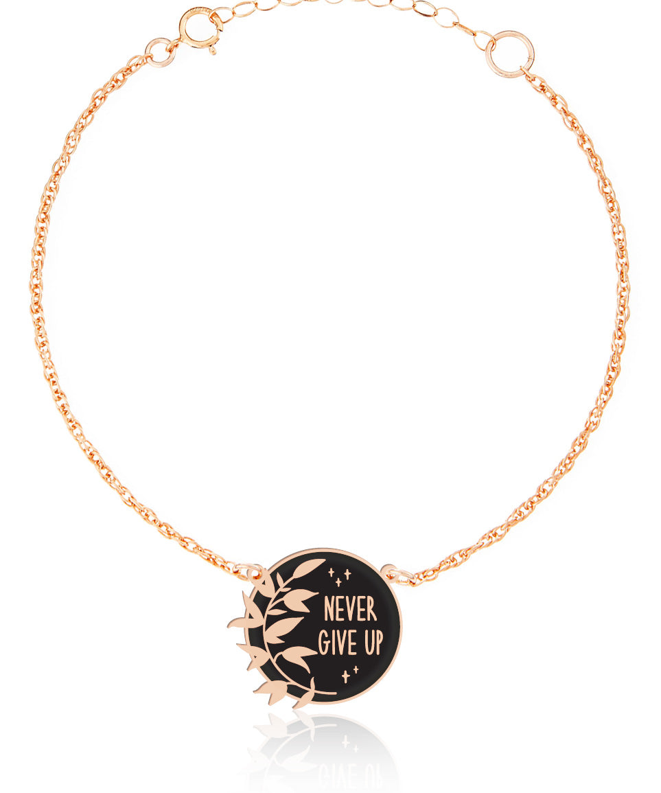 Never Give Up Bracelet - High Quality, Affordable, Hand Written, Empowering, Self Love, Mantra Word Bracelet - Available in Gold and Silver - Brevity Jewelry