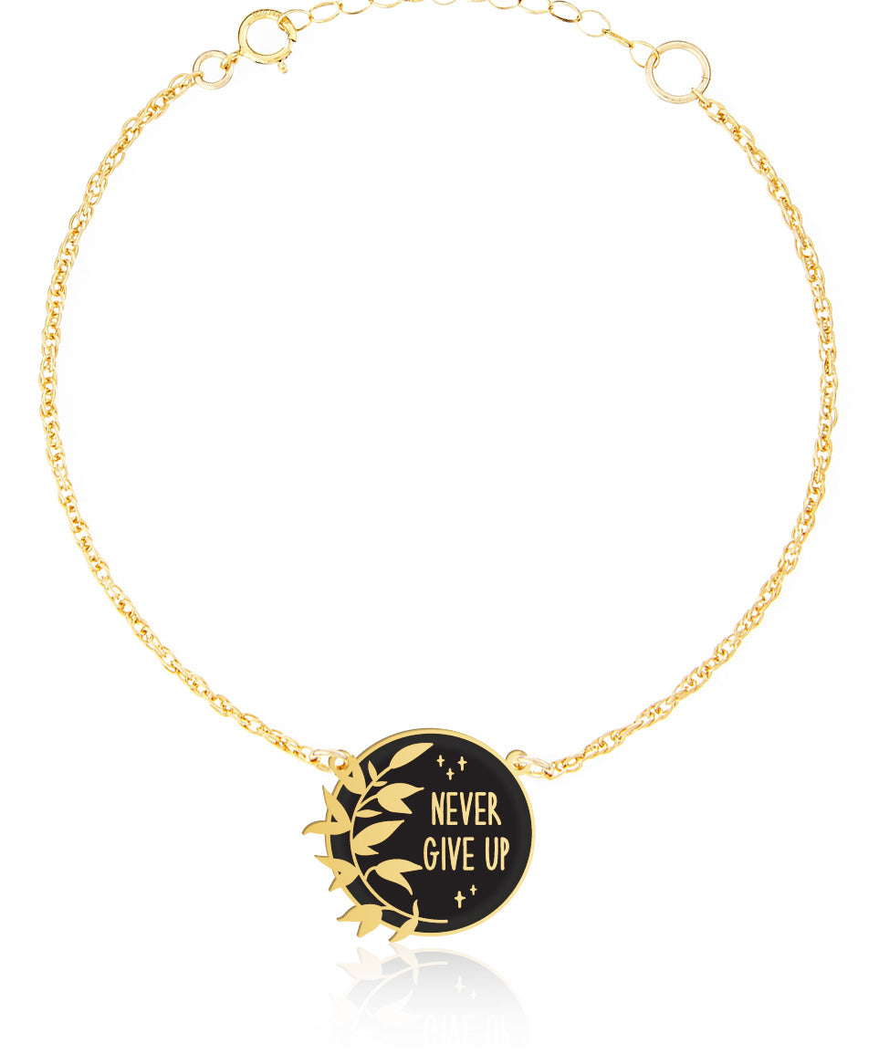 Never Give Up Bracelet - High Quality, Affordable, Hand Written, Empowering, Self Love, Mantra Word Bracelet - Available in Gold and Silver - Brevity Jewelry