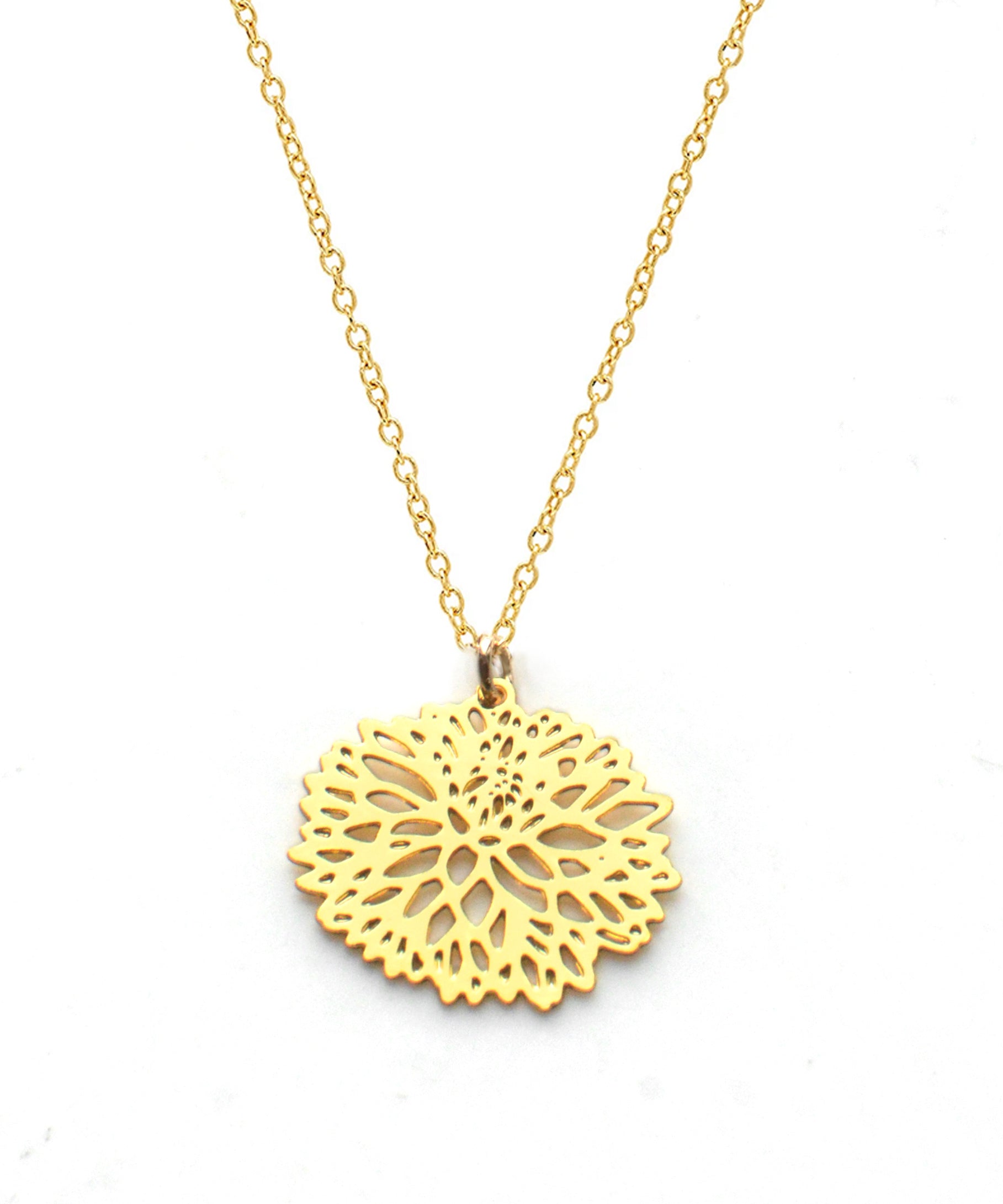 Chrysanthemum Necklace - High Quality, Affordable, Whimsical, Hand Drawn Necklace - November Birthday Gift - Available in Gold and Silver - Made in USA - Brevity Jewelry