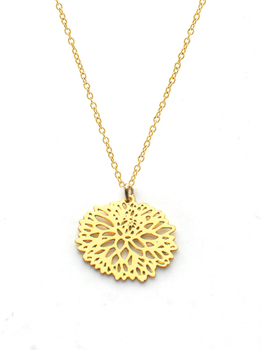 Chrysanthemum Necklace - High Quality, Affordable, Whimsical, Hand Drawn Necklace - November Birthday Gift - Available in Gold and Silver - Made in USA - Brevity Jewelry