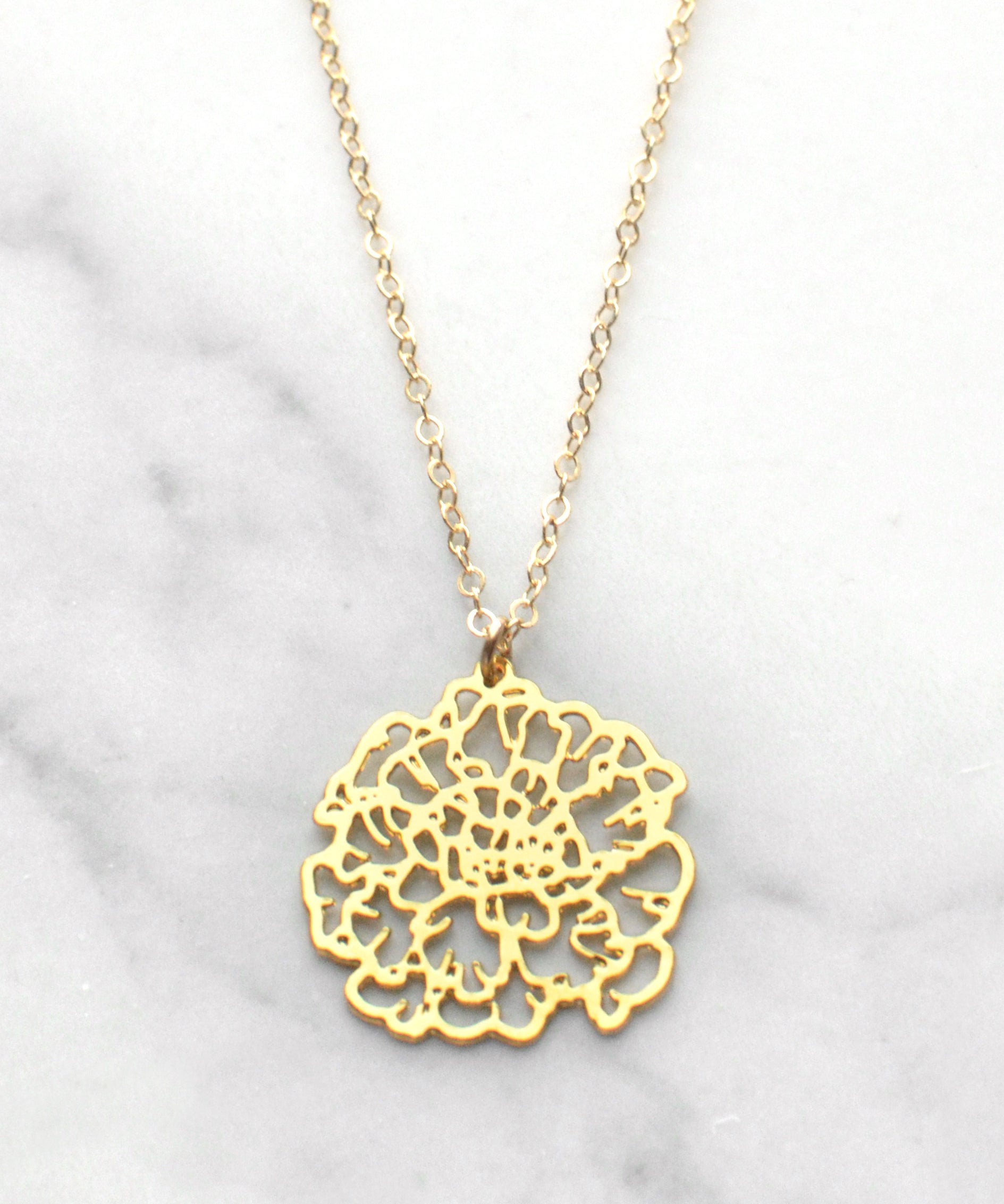 Marigold Necklace - High Quality, Affordable, Whimsical, Hand Drawn Necklace - October Birthday Gift - Available in Gold and Silver - Made in USA - Brevity Jewelry