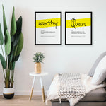 Framed Yellow Worthy Print With Word Definition - High Quality, Affordable, Hand Written, Empowering, Self Love, Mantra Word Print. Archival-Quality, Matte Giclée Print - Brevity Jewelry