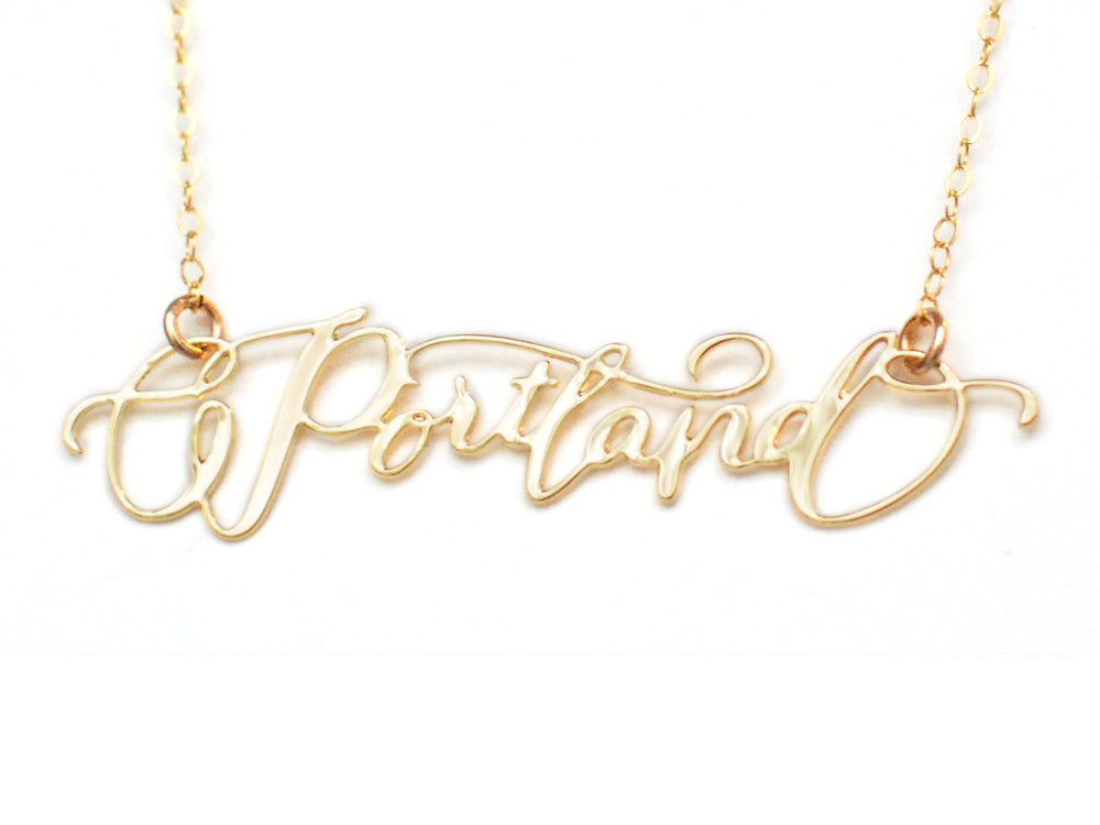 I Heart Portland Necklace - High Quality, Hand Lettered, Calligraphy, City Necklace - Featuring a Dainty Heart and Your Favorite City - Available in Gold and Silver - Made in USA - Brevity Jewelry
