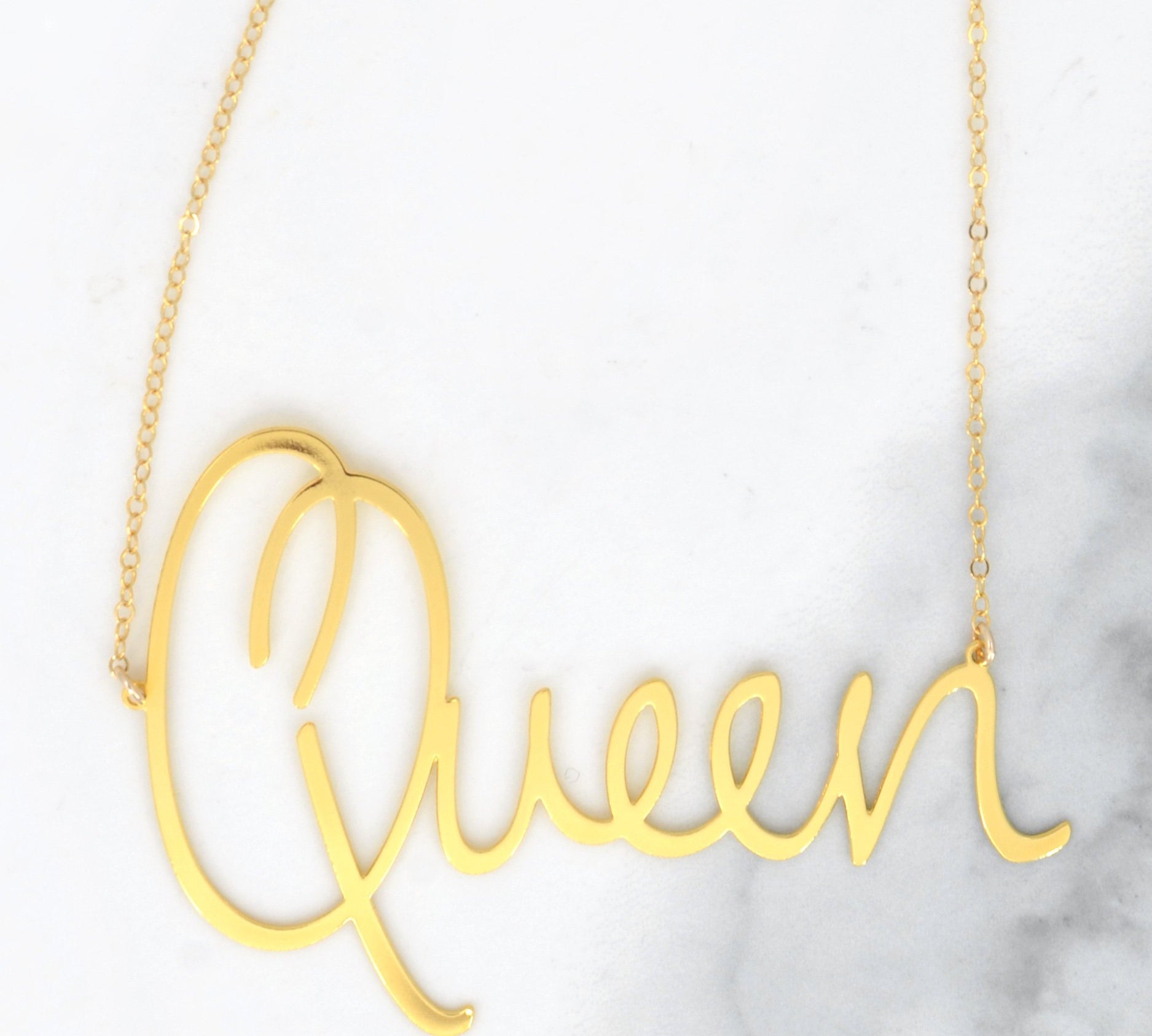 Queen Necklace - High Quality, Affordable, Hand Written, Empowering, Self Love, Mantra Word Necklace - Available in Gold and Silver - Small and Large Sizes - Made in USA - Brevity Jewelry