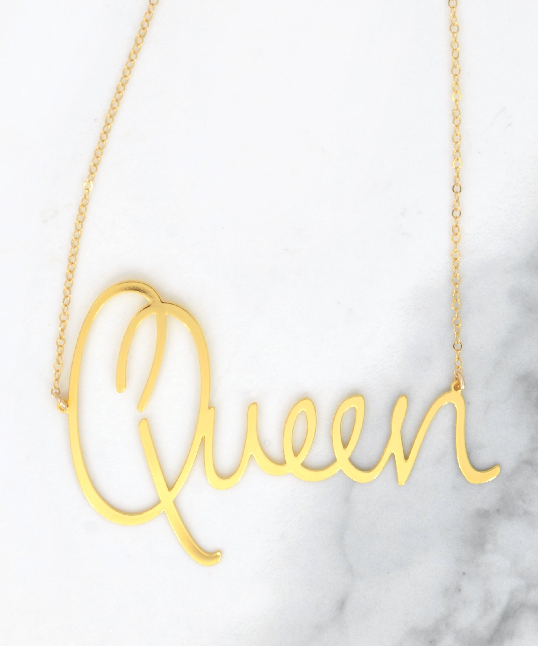 Queen Necklace - High Quality, Affordable, Hand Written, Empowering, Self Love, Mantra Word Necklace - Available in Gold and Silver - Small and Large Sizes - Made in USA - Brevity Jewelry