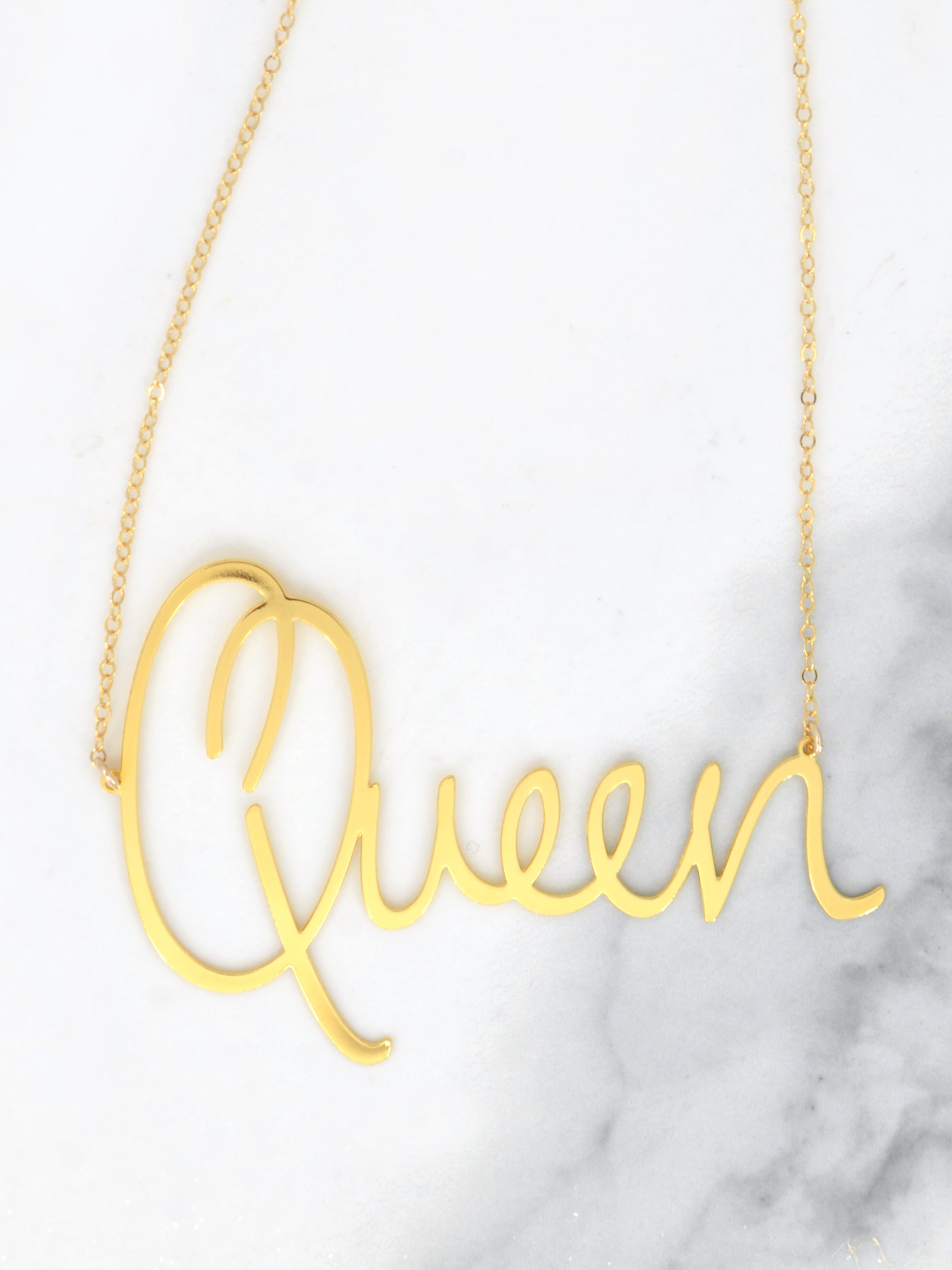 Queen Necklace - High Quality, Affordable, Hand Written, Empowering, Self Love, Mantra Word Necklace - Available in Gold and Silver - Small and Large Sizes - Made in USA - Brevity Jewelry