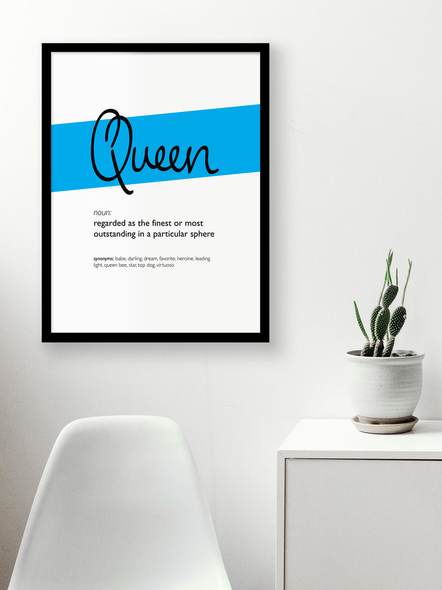 Framed Cyan Queen Print With Word Definition - High Quality, Affordable, Hand Written, Empowering, Self Love, Mantra Word Print. Archival-Quality, Matte Giclée Print - Brevity Jewelry