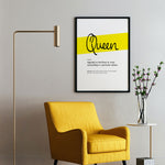 Framed Yellow Queen Print With Word Definition - High Quality, Affordable, Hand Written, Empowering, Self Love, Mantra Word Print. Archival-Quality, Matte Giclée Print - Brevity Jewelry