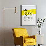 Framed Yellow Queen Print With Word Definition - High Quality, Affordable, Hand Written, Empowering, Self Love, Mantra Word Print. Archival-Quality, Matte Giclée Print - Brevity Jewelry
