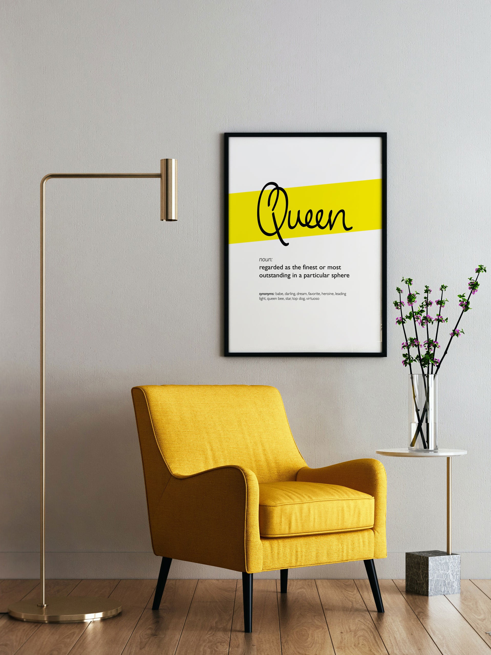Framed Yellow Queen Print With Word Definition - High Quality, Affordable, Hand Written, Empowering, Self Love, Mantra Word Print. Archival-Quality, Matte Giclée Print - Brevity Jewelry