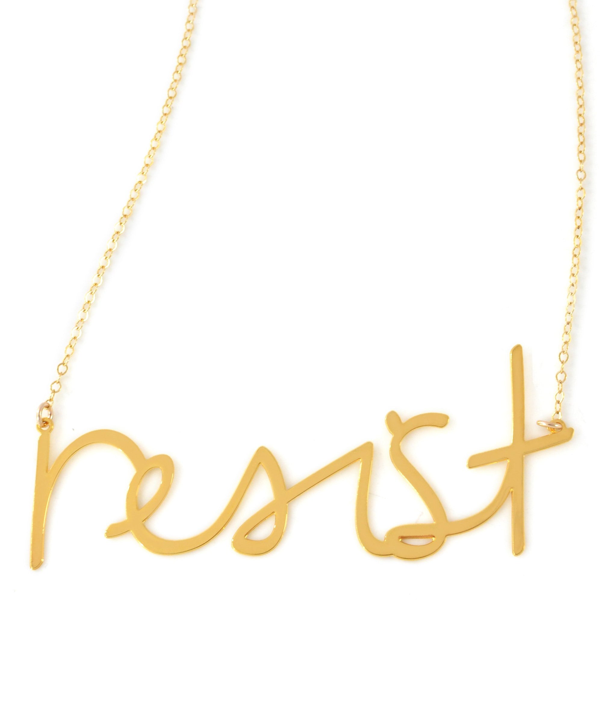 Resist Necklace - High Quality, Affordable, Hand Written, Empowering, Self Love, Mantra Word Necklace - Available in Gold and Silver - Small and Large Sizes - Made in USA - Brevity Jewelry