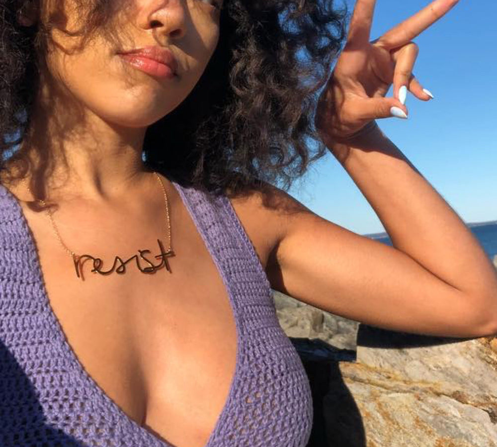 Resist Necklace - High Quality, Affordable, Hand Written, Empowering, Self Love, Mantra Word Necklace - Available in Gold and Silver - Small and Large Sizes - Made in USA - Brevity Jewelry