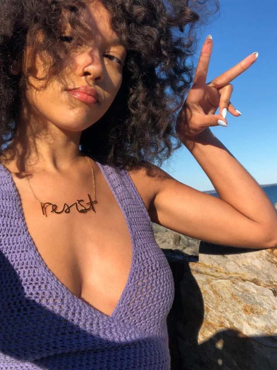 Resist Necklace - High Quality, Affordable, Hand Written, Empowering, Self Love, Mantra Word Necklace - Available in Gold and Silver - Small and Large Sizes - Made in USA - Brevity Jewelry